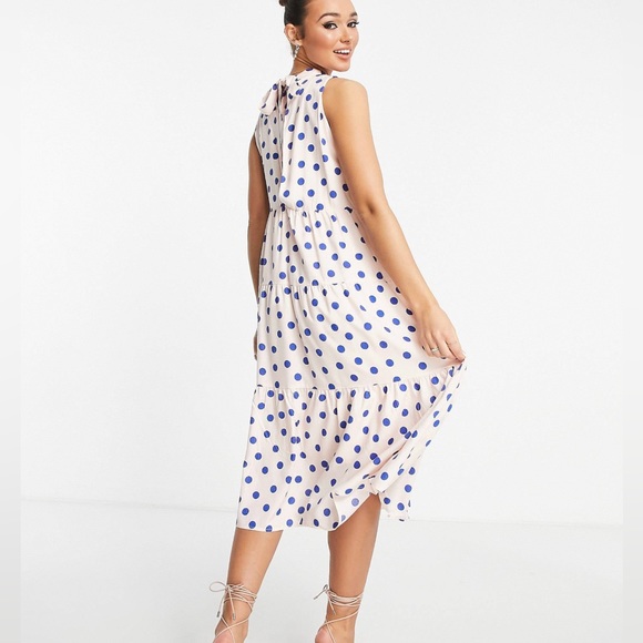 Y.A.S high neck tiered midi dress in pink & blue dot - Picture 3 of 12